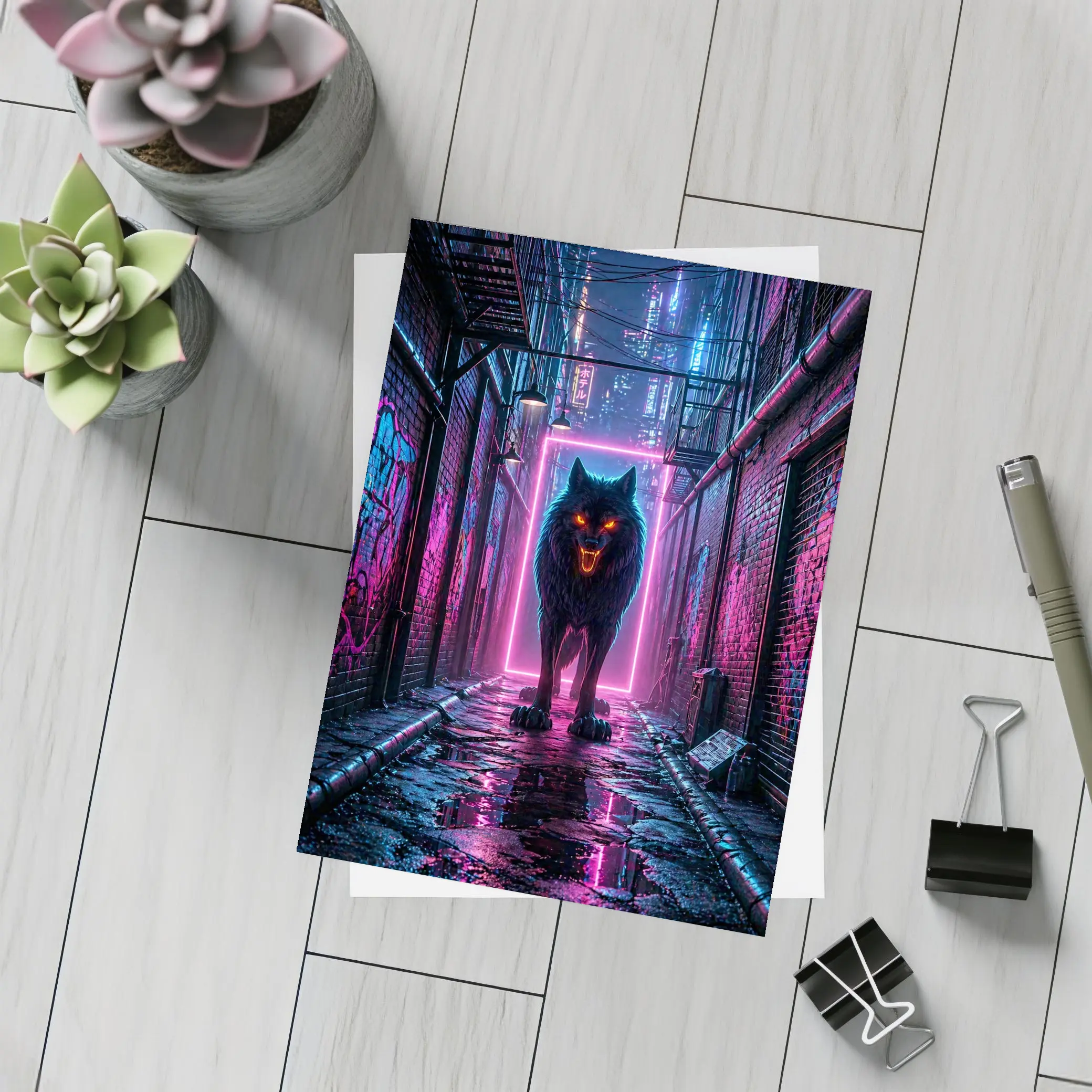 Neon Wolf Dark Cyberpunk City Alley – Postcards