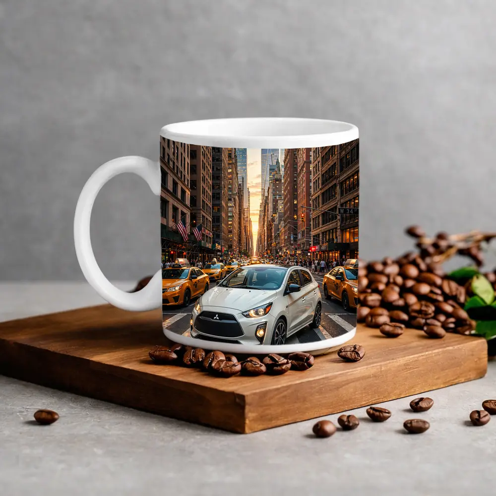 Mitsubishi Mirage White Car New York City – Mugs