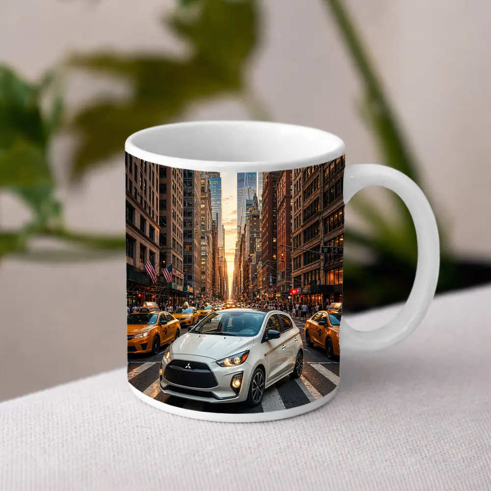 Mitsubishi Mirage White Car New York City – Mugs