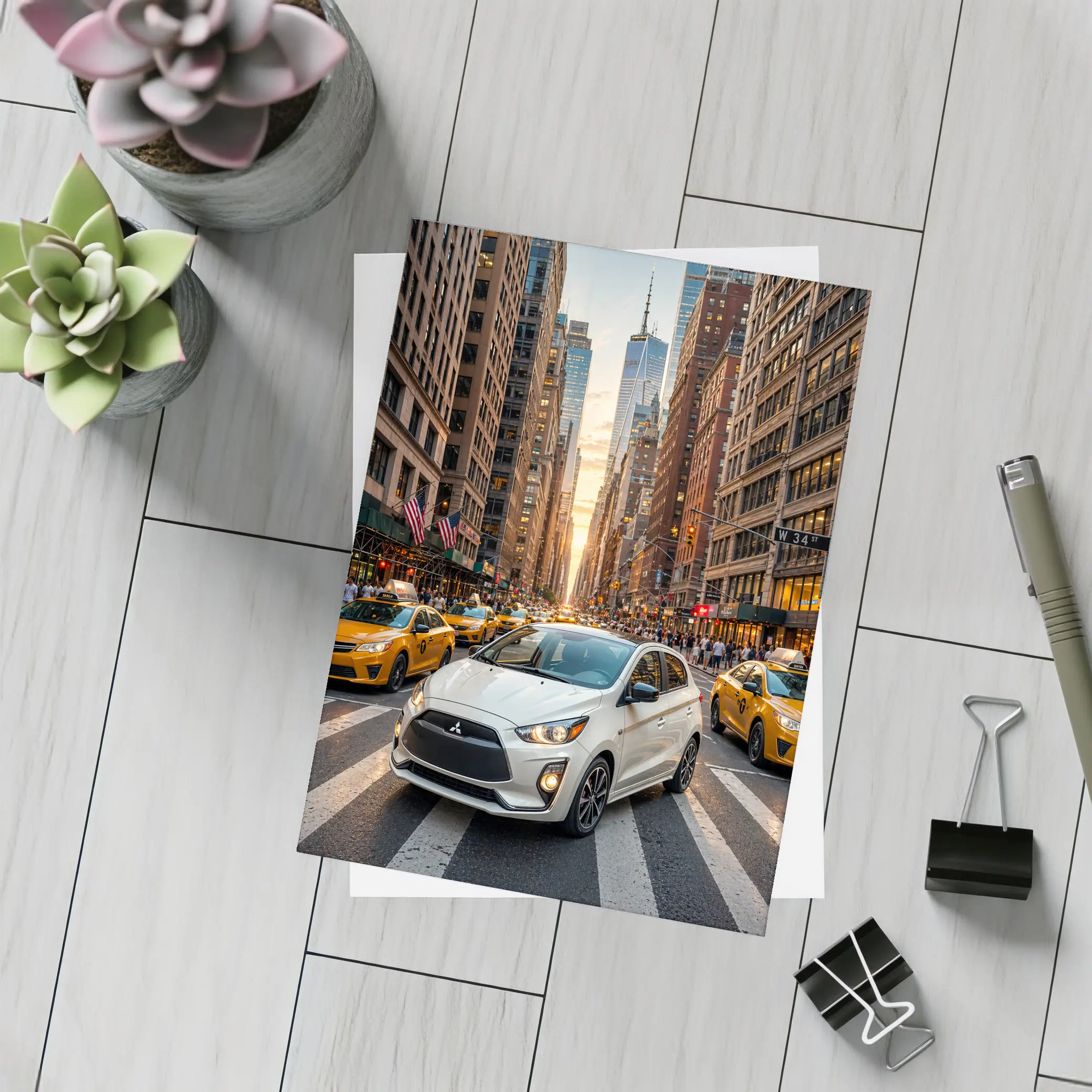 Mitsubishi Mirage White Car New York City – Postcards