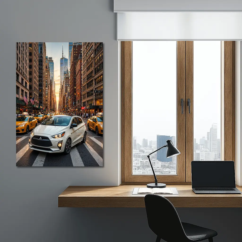 Mitsubishi Mirage White Car New York City – Wall Art