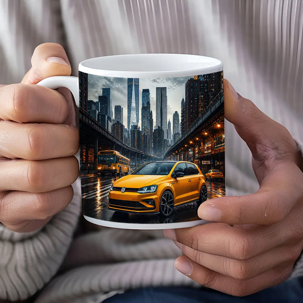 Volkswagen Golf GTI Yellow Rainy City Street – Mugs