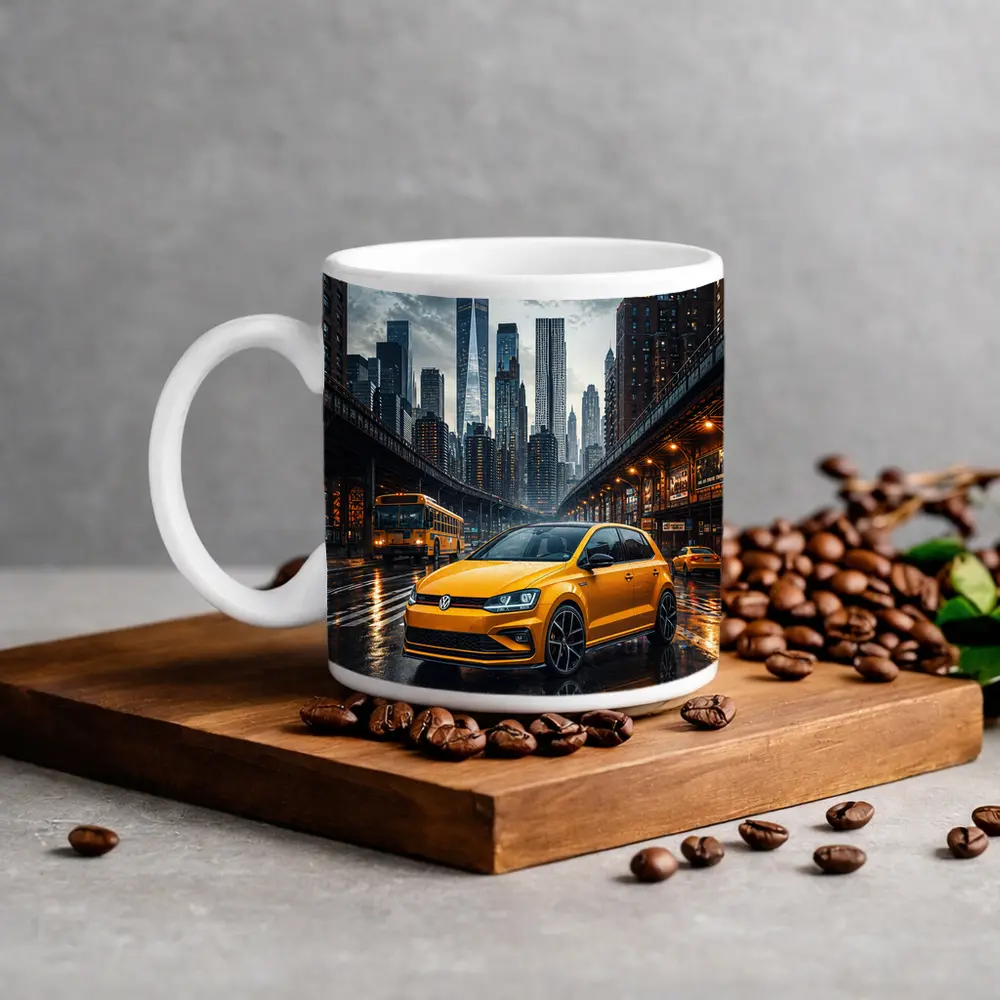 Volkswagen Golf GTI Yellow Rainy City Street – Mugs