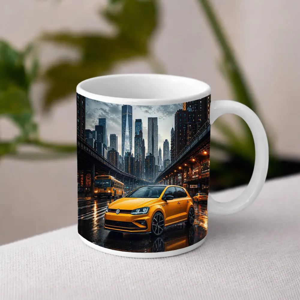 Volkswagen Golf GTI Yellow Rainy City Street – Mugs