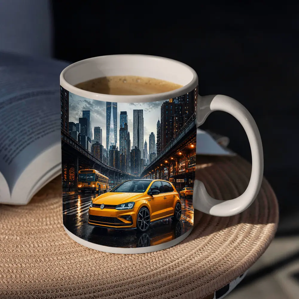 Volkswagen Golf GTI Yellow Rainy City Street – Mugs