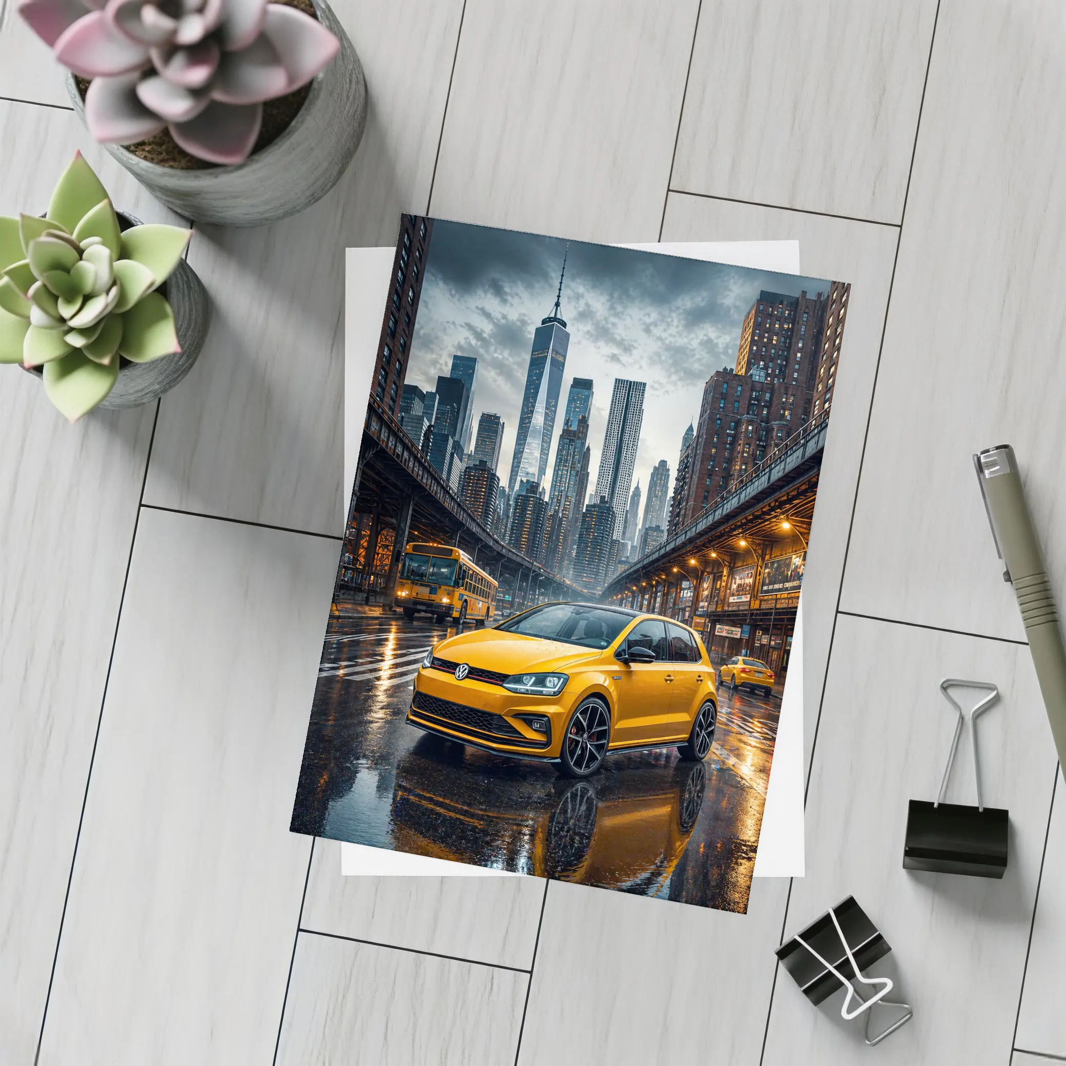 Volkswagen Golf GTI Yellow Rainy City Street – Postcards