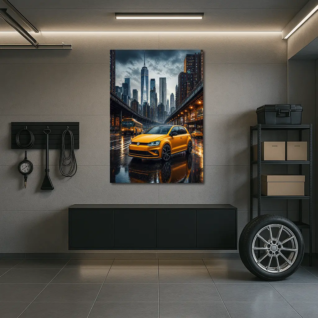 Volkswagen Golf GTI Yellow Rainy City Street – Wall Art