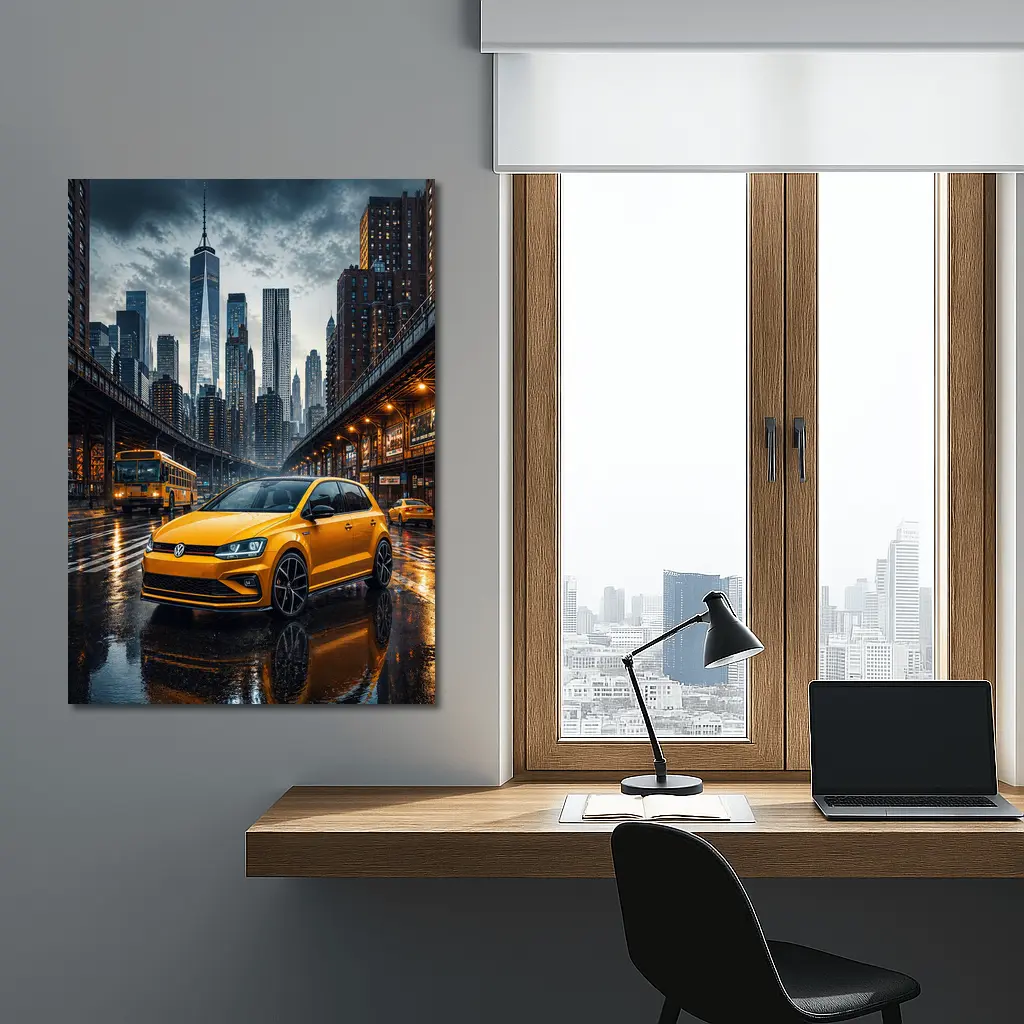 Volkswagen Golf GTI Yellow Rainy City Street – Wall Art