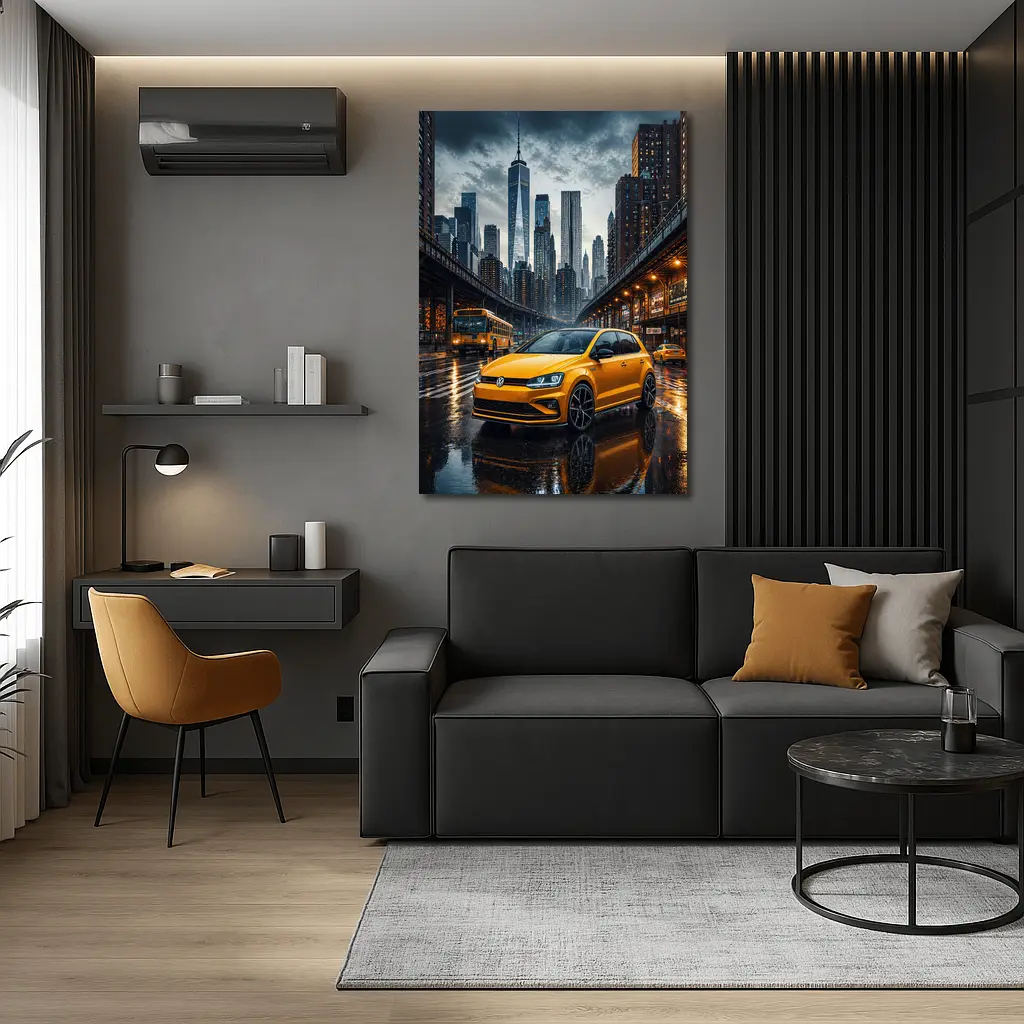 Volkswagen Golf GTI Yellow Rainy City Street – Wall Art