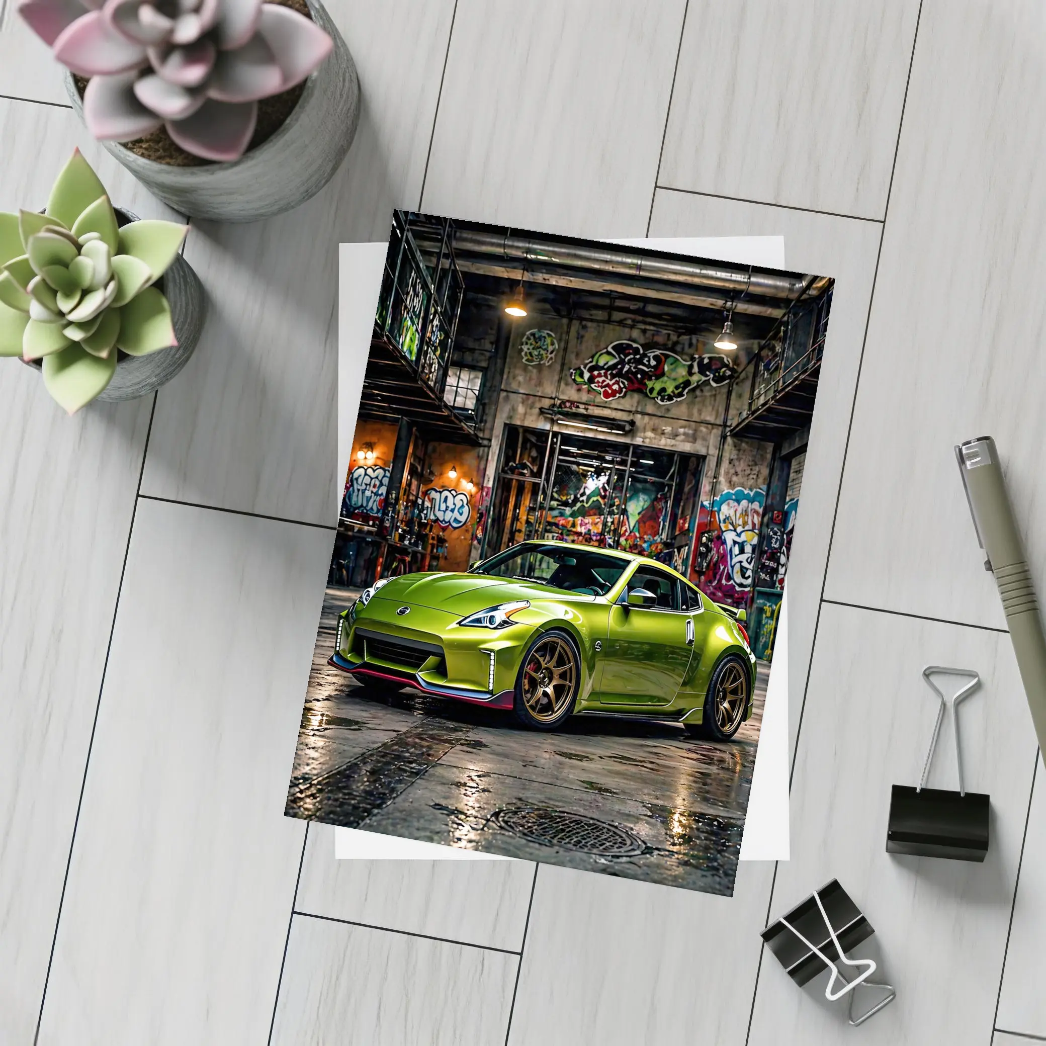 Nissan 370Z Green Graffiti Warehouse Scene – Postcards