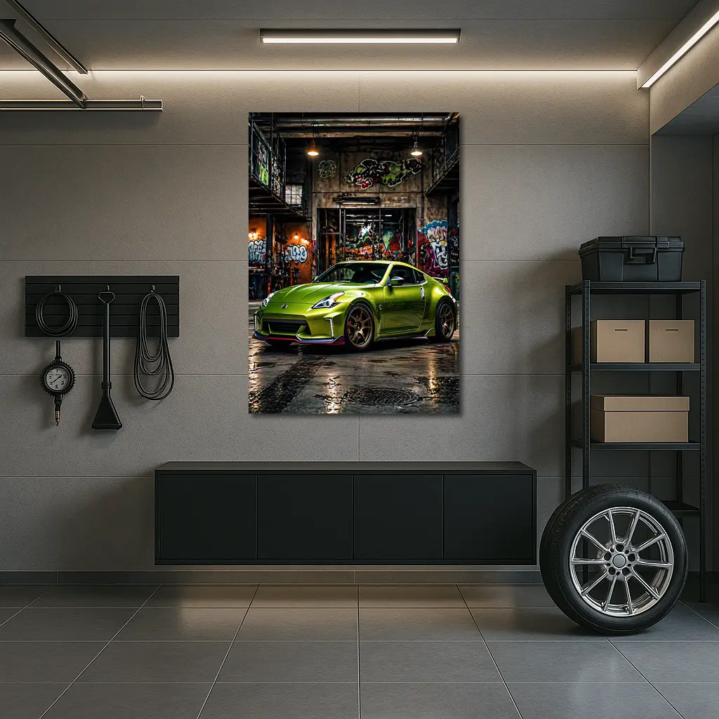 Nissan 370Z Green Graffiti Warehouse Scene – Wall Art