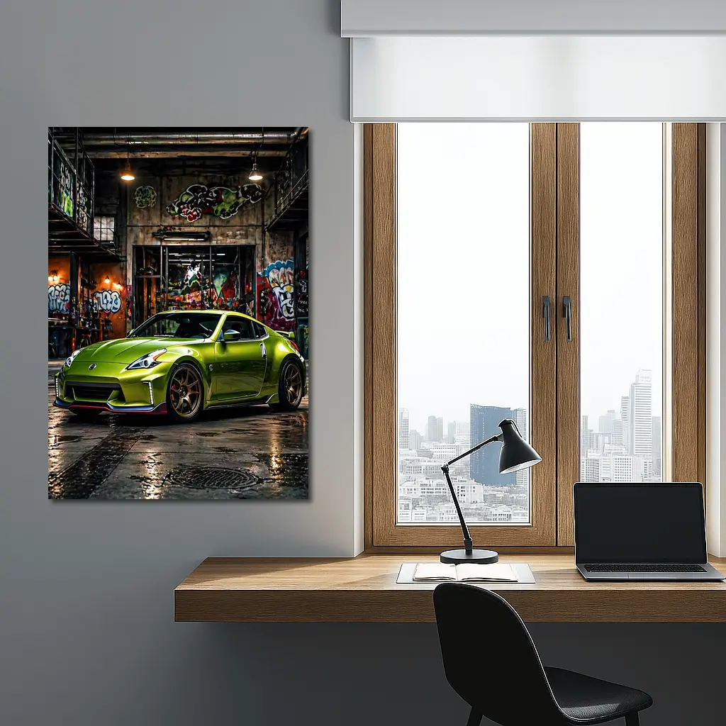 Nissan 370Z Green Graffiti Warehouse Scene – Wall Art