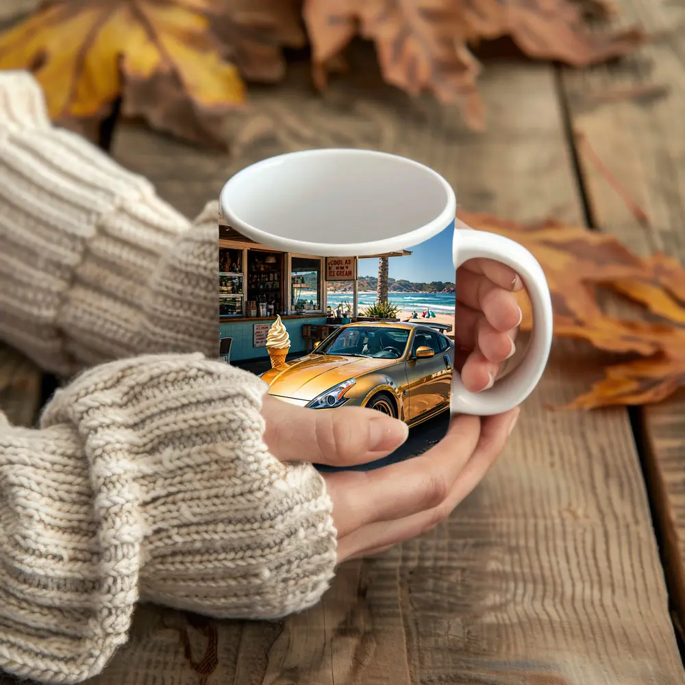 Gold Nissan 370Z Parked at Beach Shack – Mugs