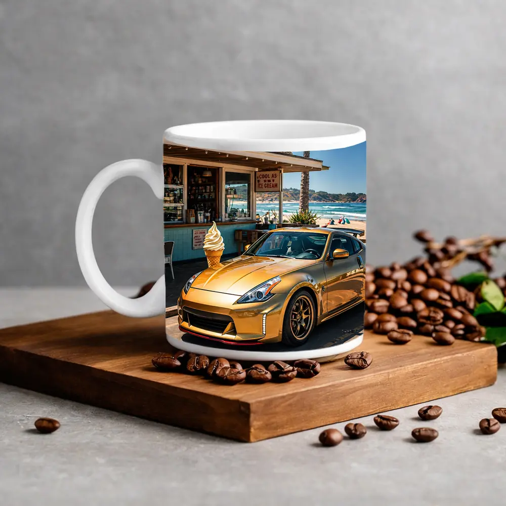 Gold Nissan 370Z Parked at Beach Shack – Mugs