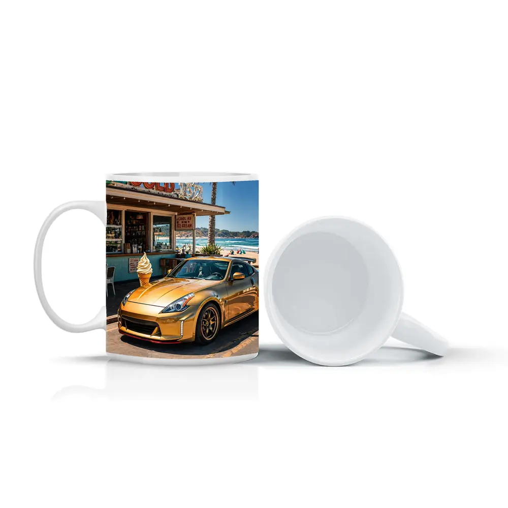 Gold Nissan 370Z Parked at Beach Shack – Mugs