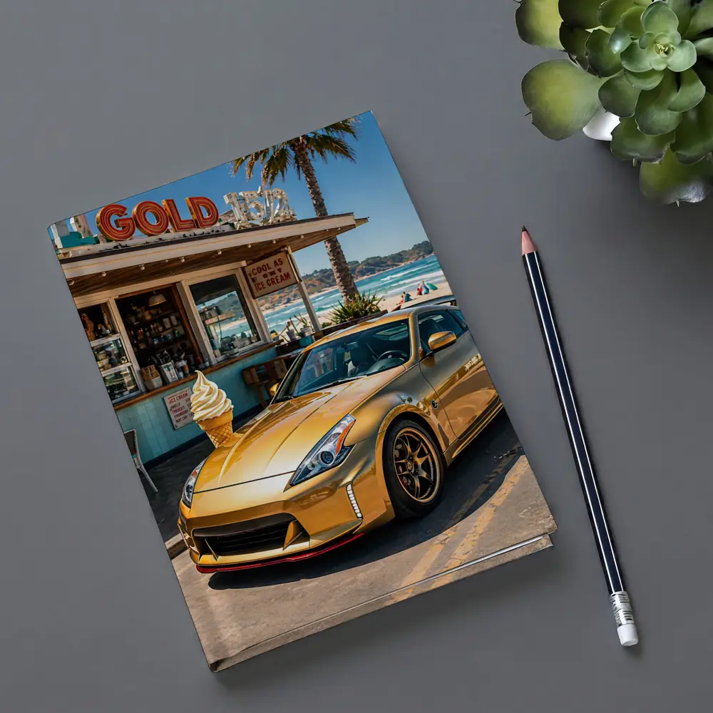 Gold Nissan 370Z Parked at Beach Shack – Notebooks
