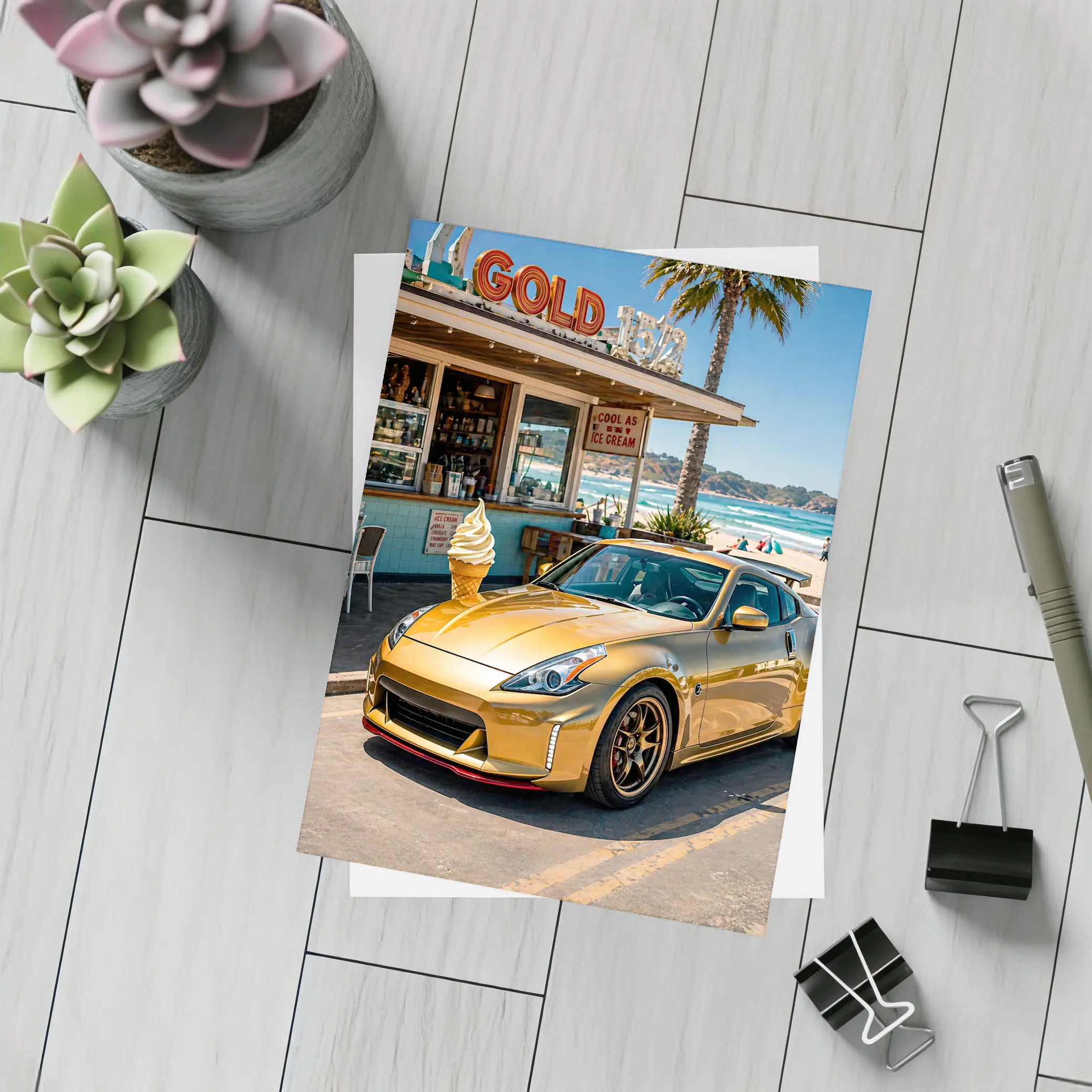 Gold Nissan 370Z Parked at Beach Shack – Postcards