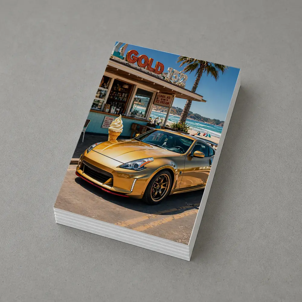 Gold Nissan 370Z Parked at Beach Shack – Postcards