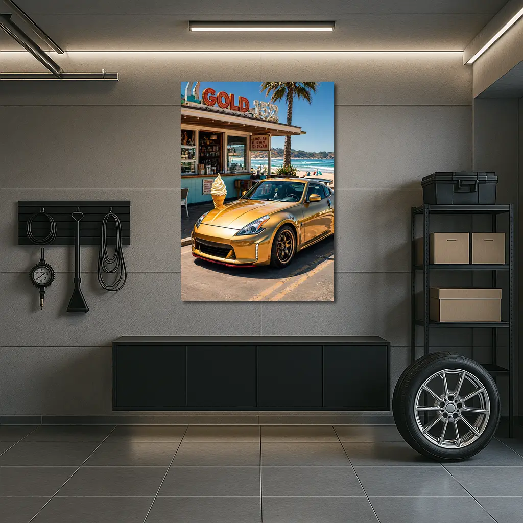 Gold Nissan 370Z Parked at Beach Shack – Wall Art