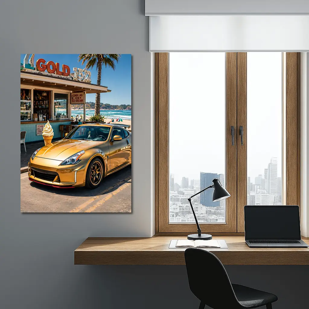 Gold Nissan 370Z Parked at Beach Shack – Wall Art