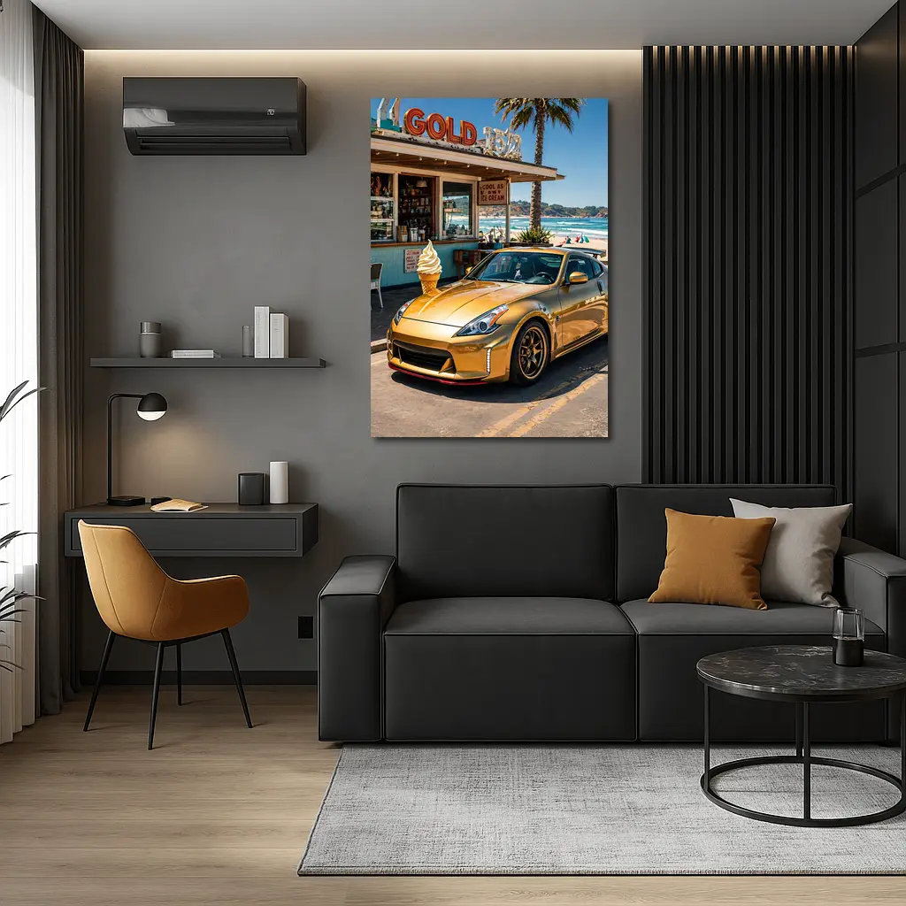 Gold Nissan 370Z Parked at Beach Shack – Wall Art