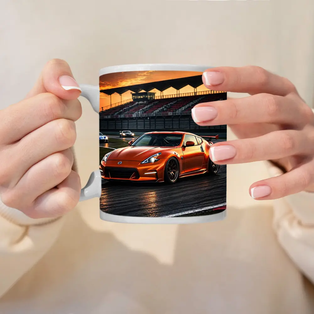 Nissan 370Z Orange Racing On Track Sunset – Mugs