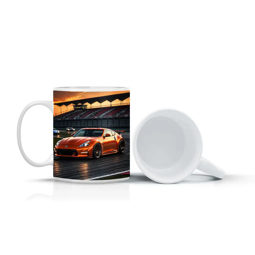 Nissan 370Z Orange Racing On Track Sunset – Mugs