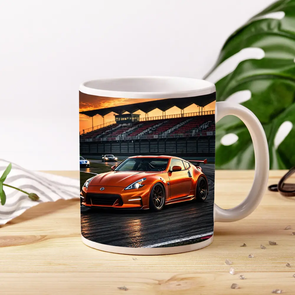 Nissan 370Z Orange Racing On Track Sunset – Mugs