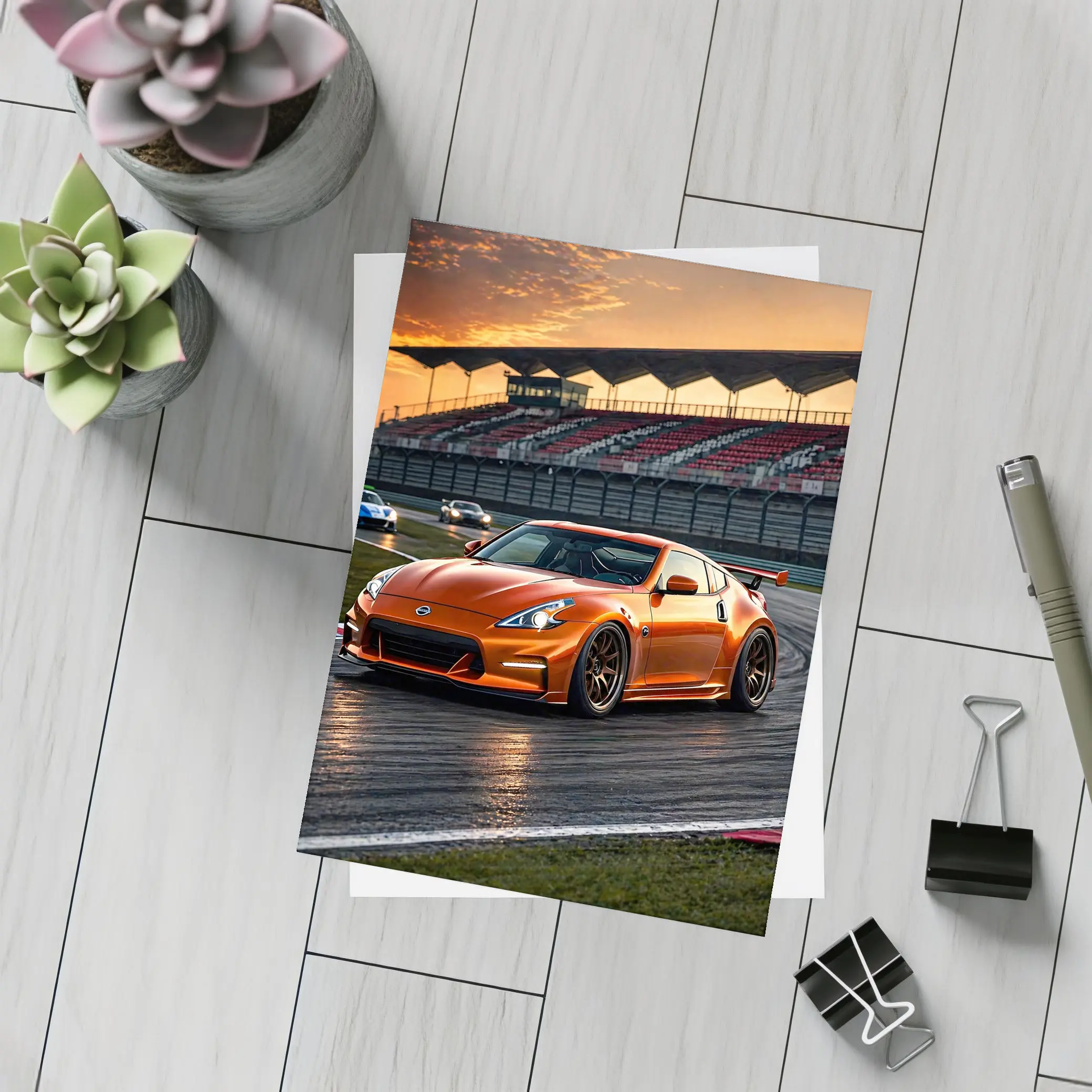 Nissan 370Z Orange Racing On Track Sunset – Postcards
