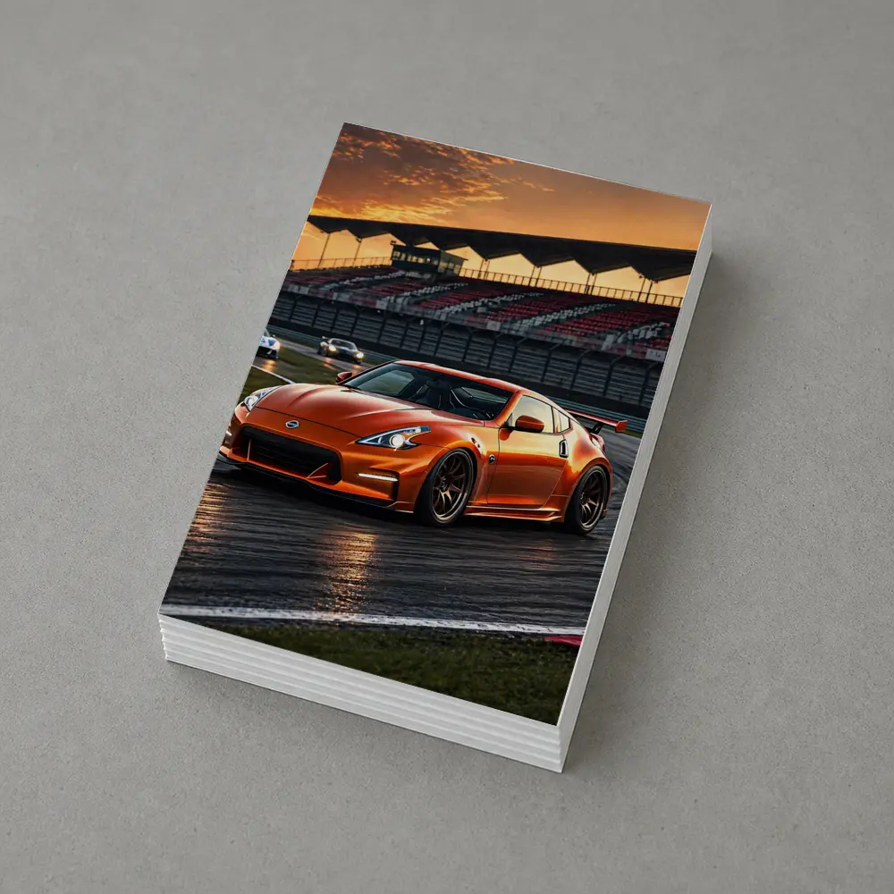 Nissan 370Z Orange Racing On Track Sunset – Postcards
