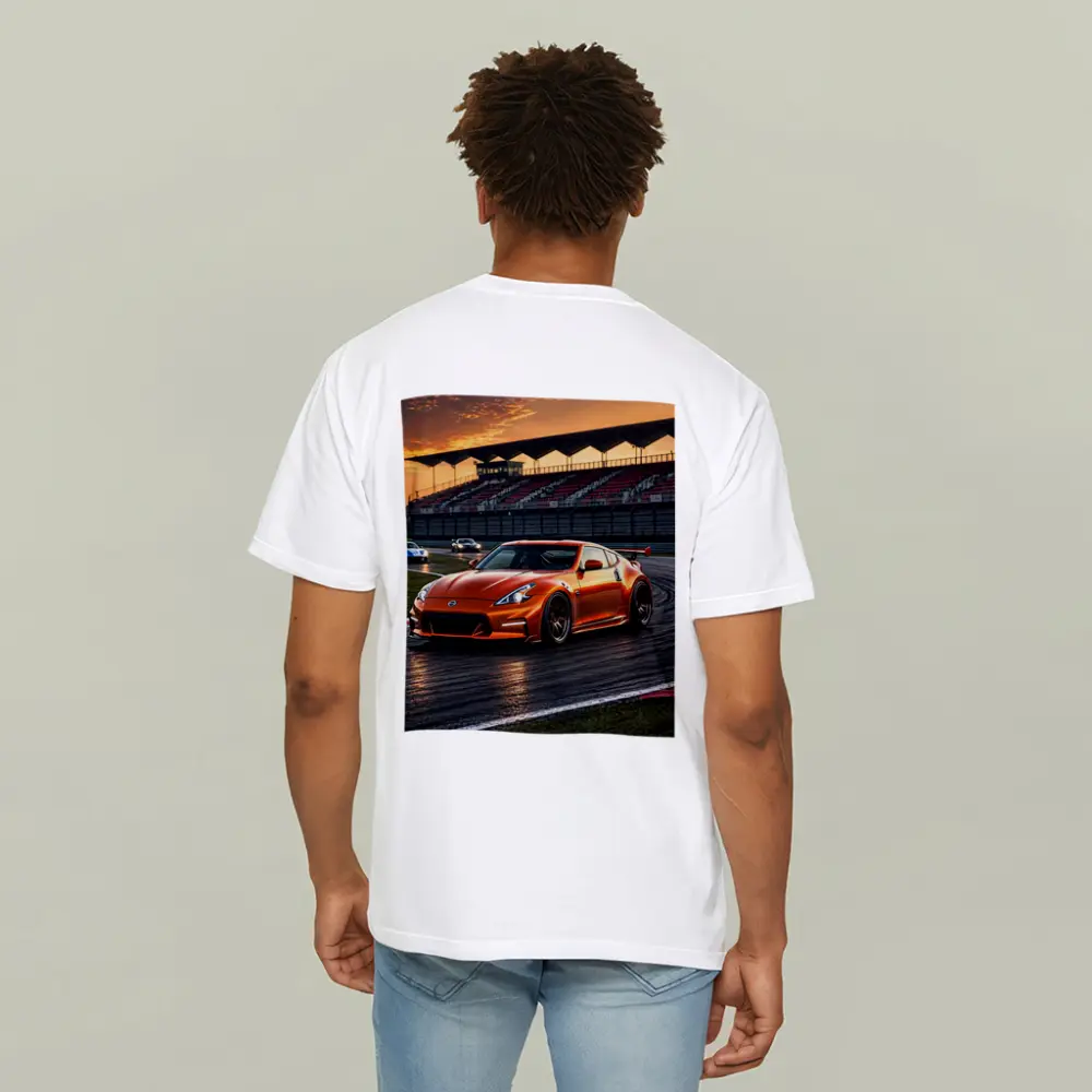 Nissan 370Z Orange Racing On Track Sunset – T-Shirts