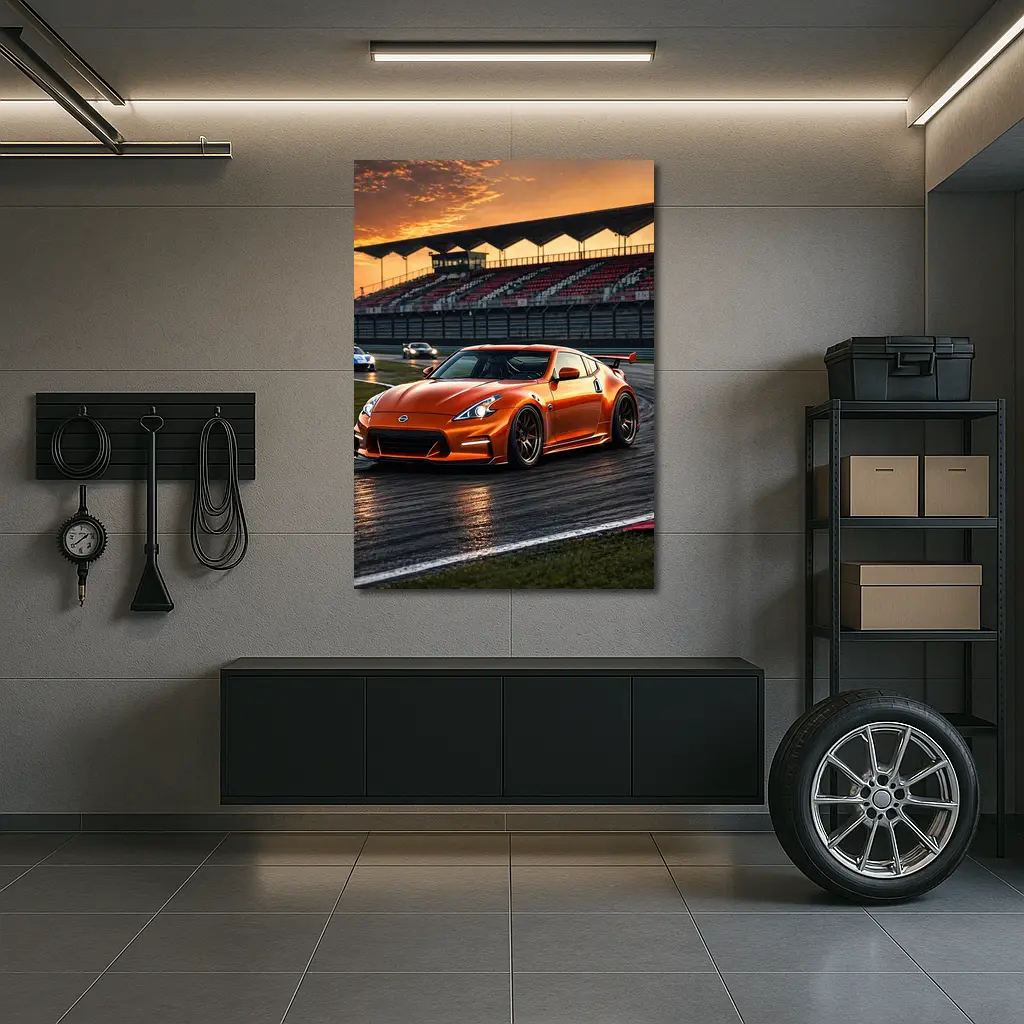 Nissan 370Z Orange Racing On Track Sunset – Wall Art