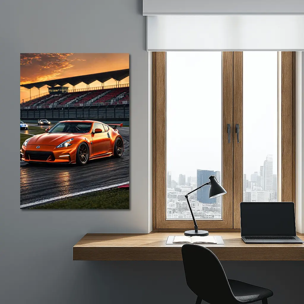 Nissan 370Z Orange Racing On Track Sunset – Wall Art