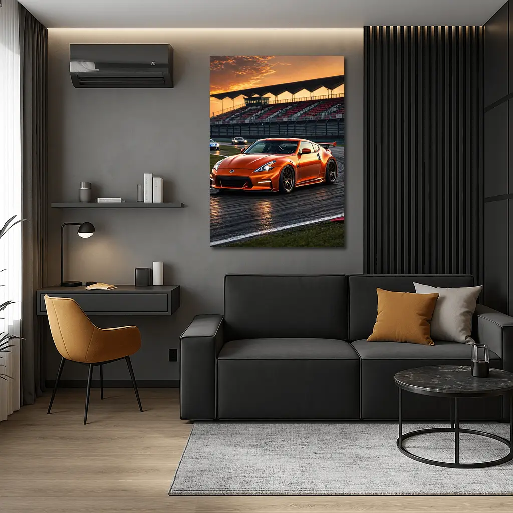 Nissan 370Z Orange Racing On Track Sunset – Wall Art