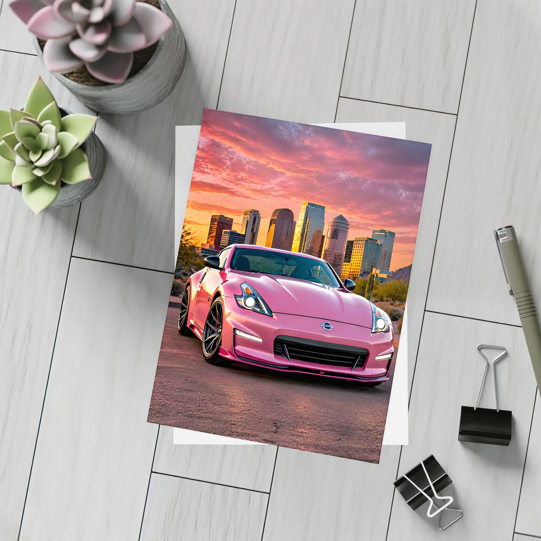 Pink Nissan 370Z City Sunset Sky – Postcards