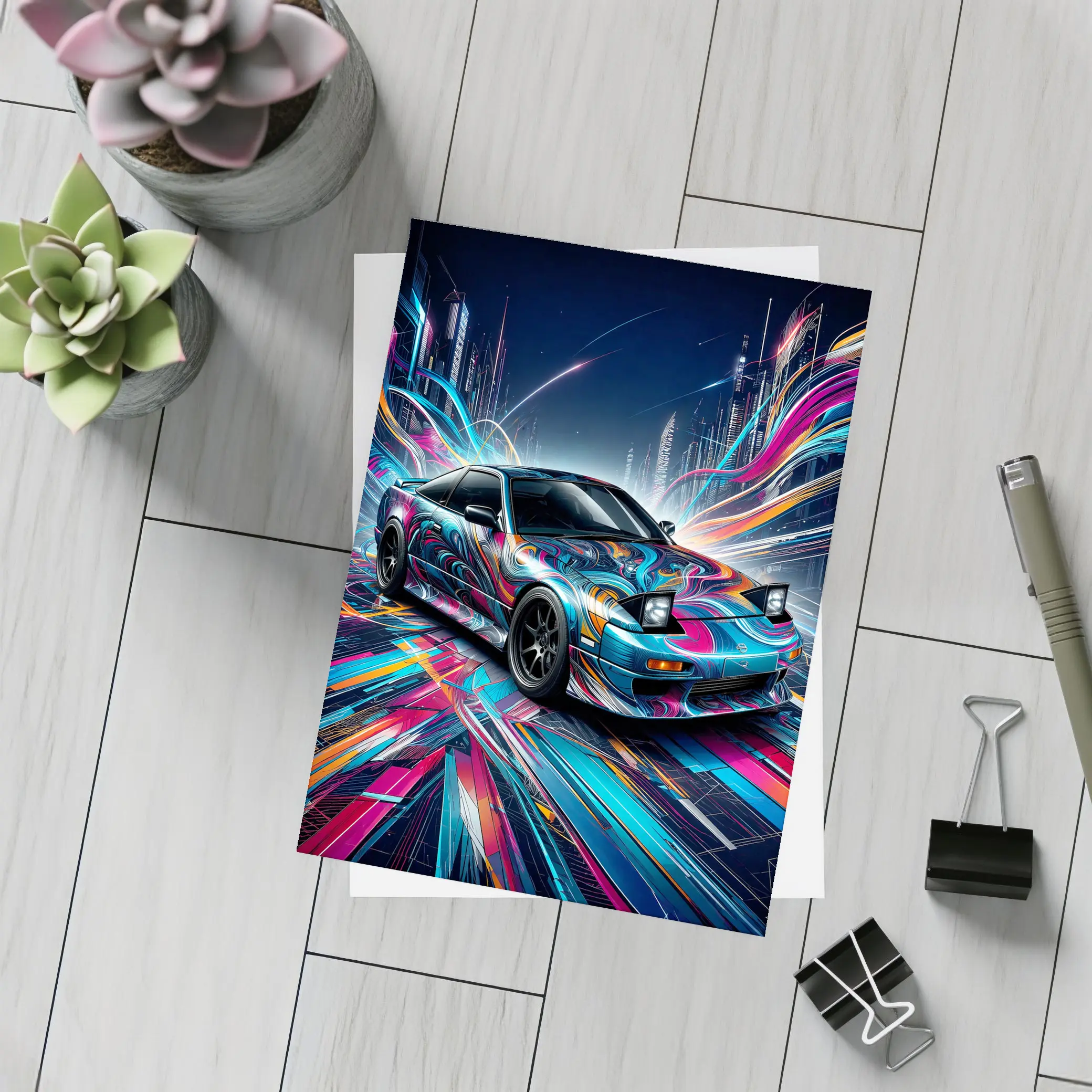 Nissan 240SX Neon Abstract City Night Art – Postcards