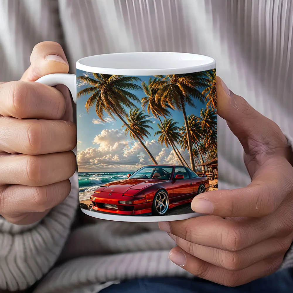 Nissan 240SX Red Car Beach Palm Trees – Mugs
