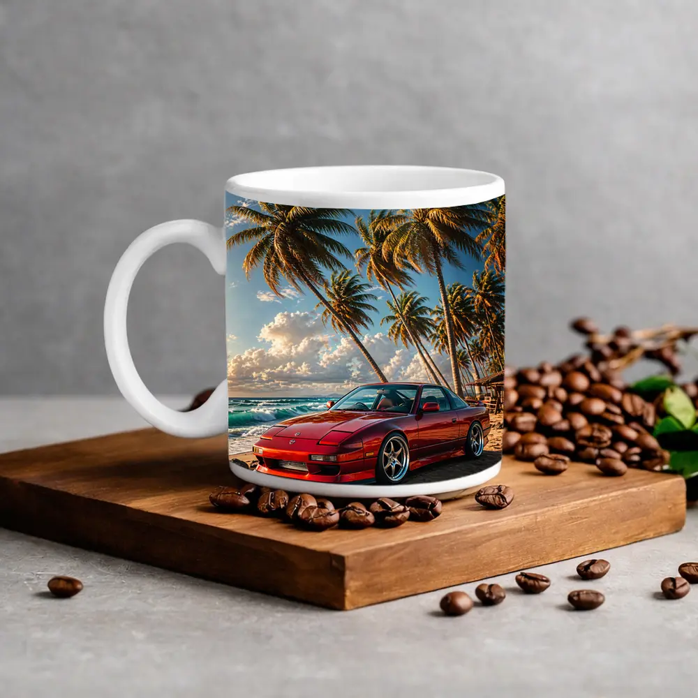 Nissan 240SX Red Car Beach Palm Trees – Mugs
