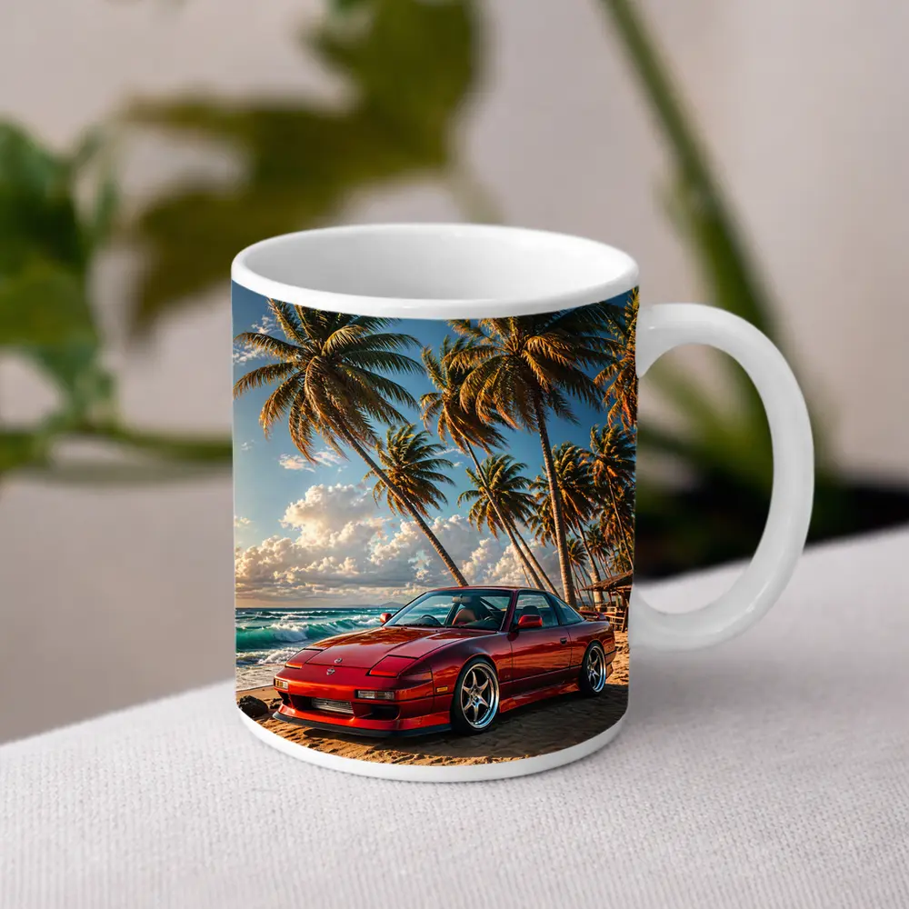 Nissan 240SX Red Car Beach Palm Trees – Mugs