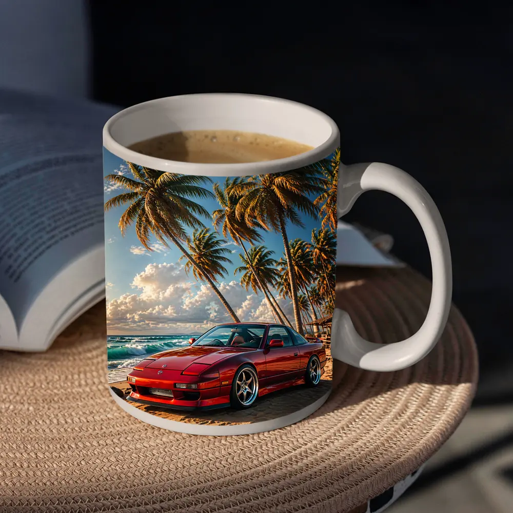 Nissan 240SX Red Car Beach Palm Trees – Mugs