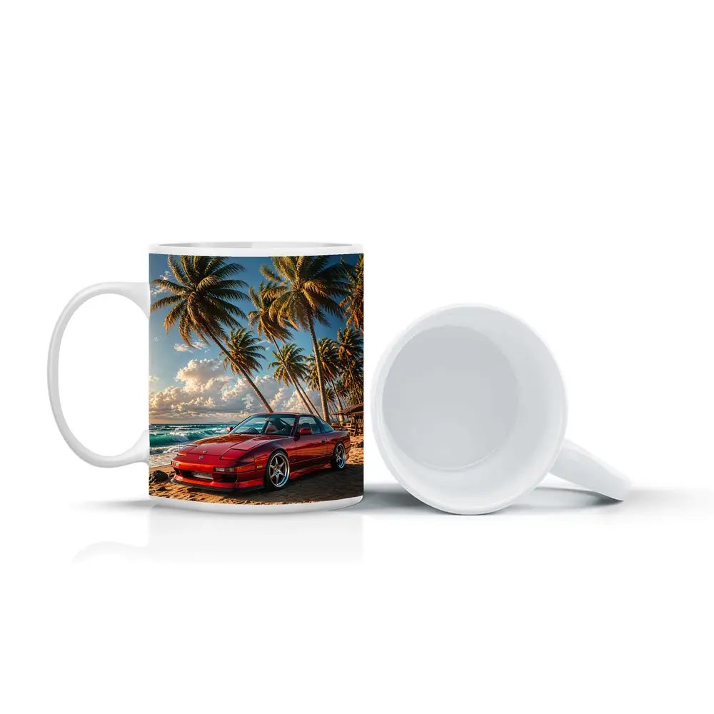 Nissan 240SX Red Car Beach Palm Trees – Mugs