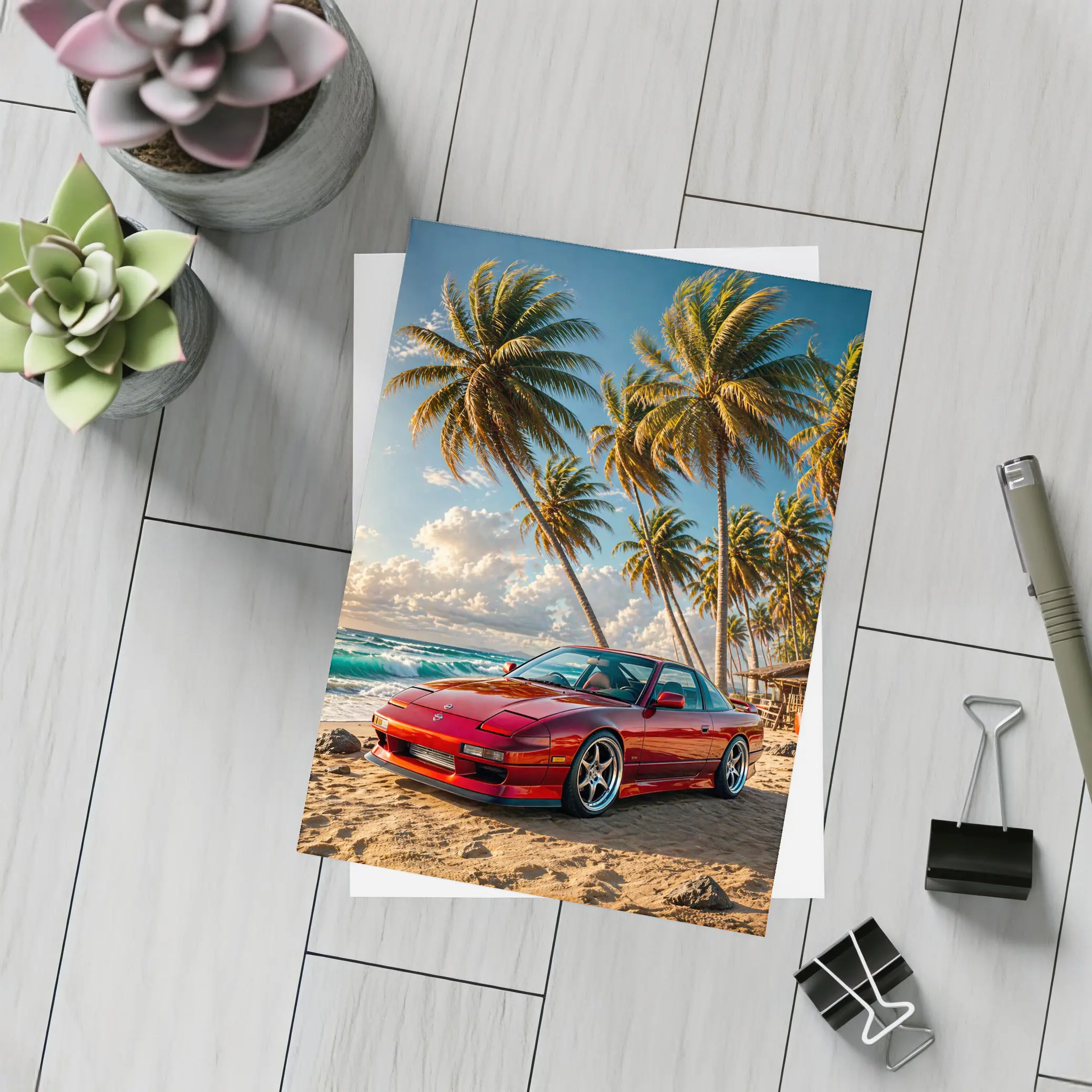 Nissan 240SX Red Car Beach Palm Trees – Postcards