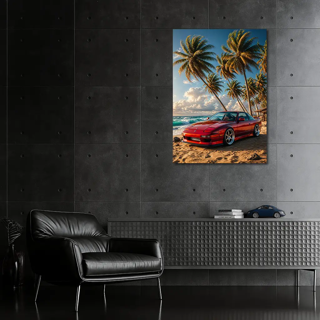 Nissan 240SX Red Car Beach Palm Trees – Wall Art