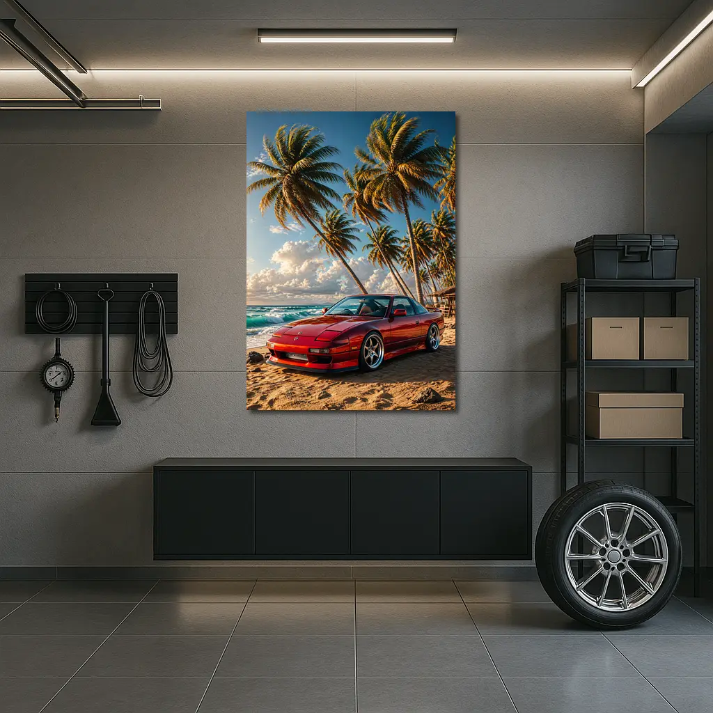 Nissan 240SX Red Car Beach Palm Trees – Wall Art