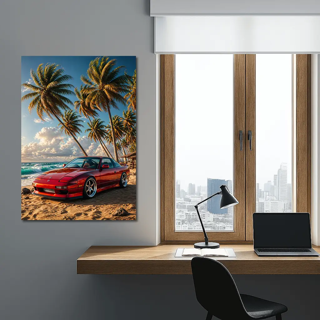 Nissan 240SX Red Car Beach Palm Trees – Wall Art
