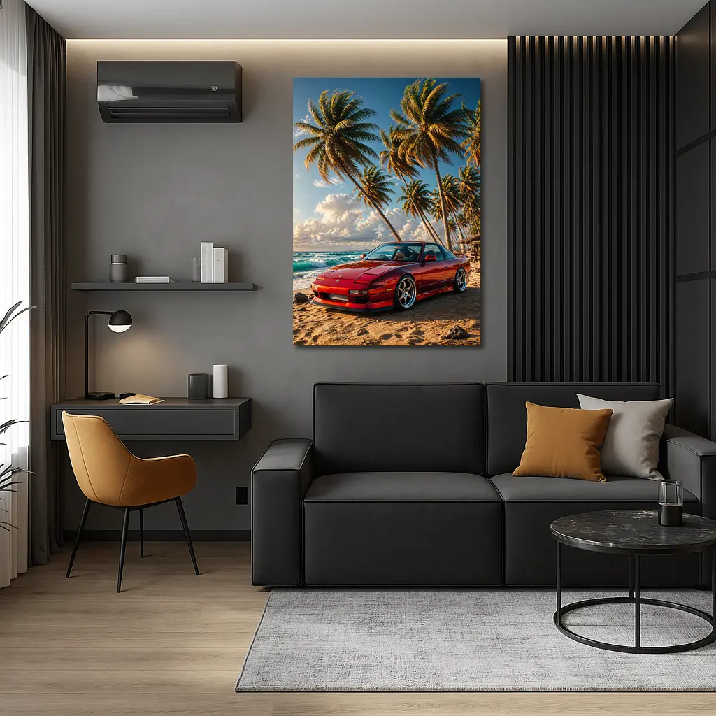 Nissan 240SX Red Car Beach Palm Trees – Wall Art