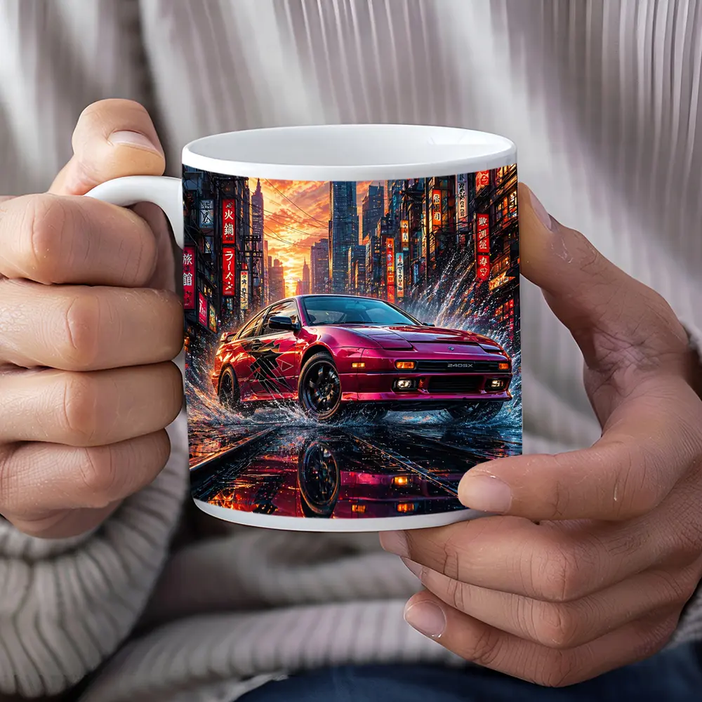 Nissan 240SX Red Rainy Tokyo City Street – Mugs