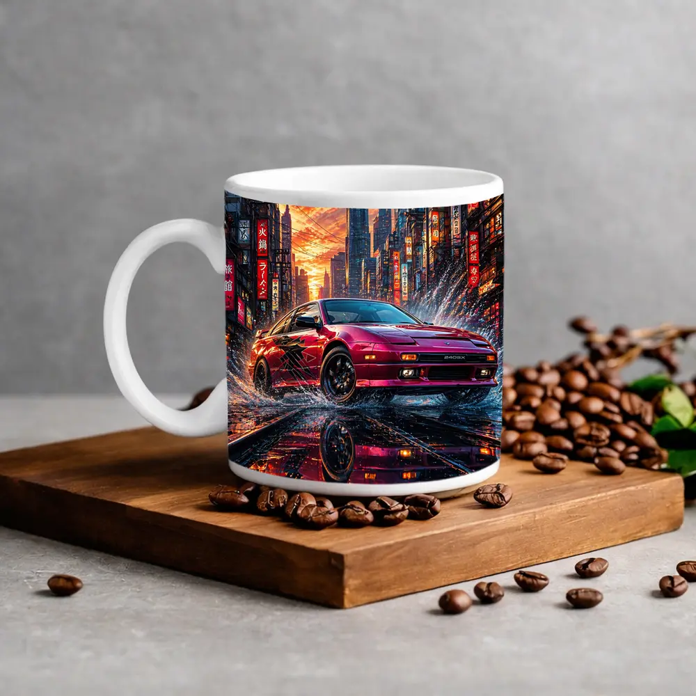 Nissan 240SX Red Rainy Tokyo City Street – Mugs