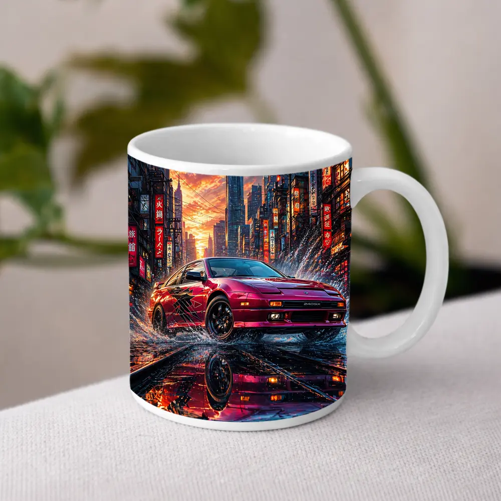 Nissan 240SX Red Rainy Tokyo City Street – Mugs