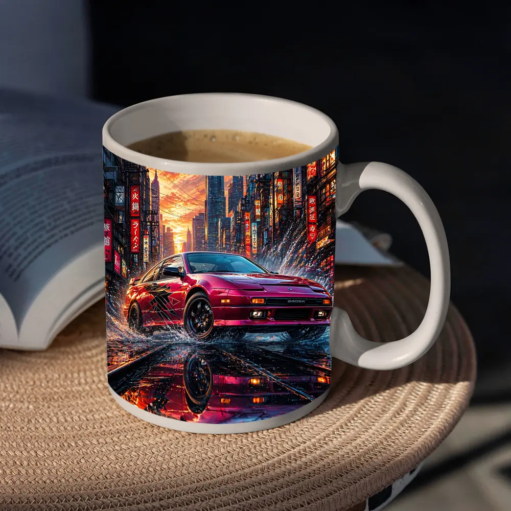 Nissan 240SX Red Rainy Tokyo City Street – Mugs